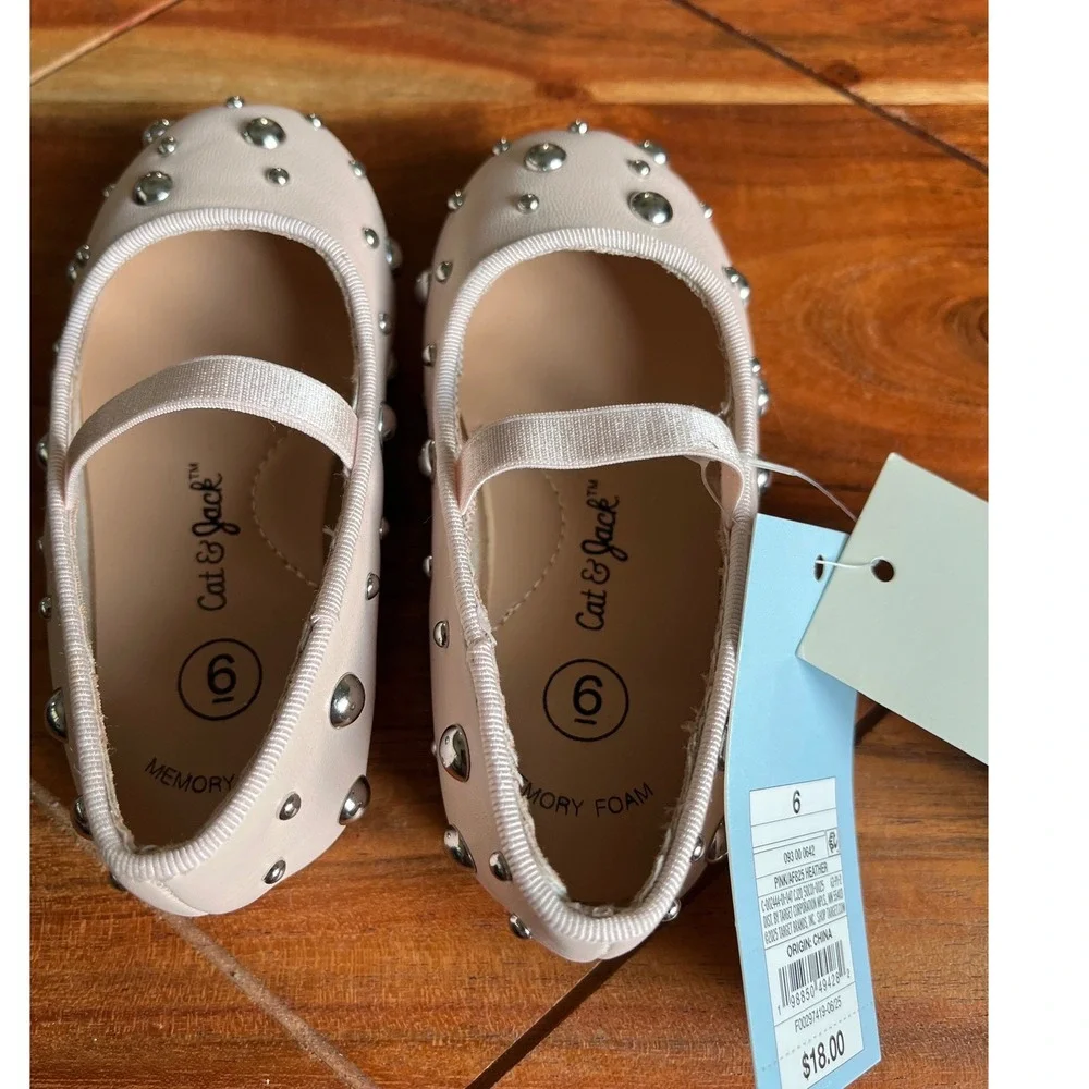 Cat & Jack Heather Pink Studded Ballet Flats Mary Jane Shoes Kids Size 6 NWT